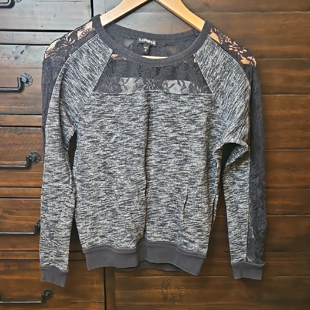 Express Gray Lace-Accent Heathered Sweatshirt
